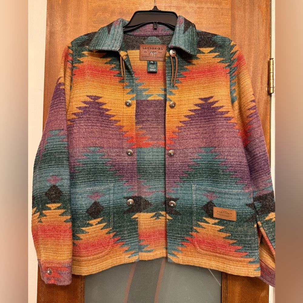 Ralph Lauren Vtg Women Aztec Wool Blend Concho Southwestern Jacket-PS